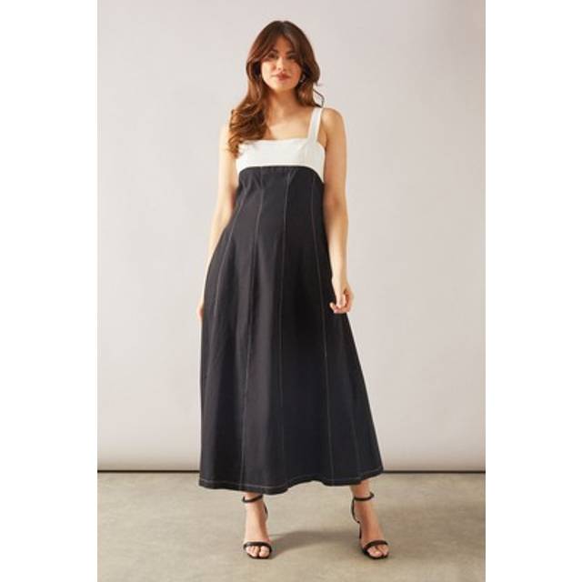 Womens Contrast Linen Mix Seam Detail Midaxi Dress - Black - 8