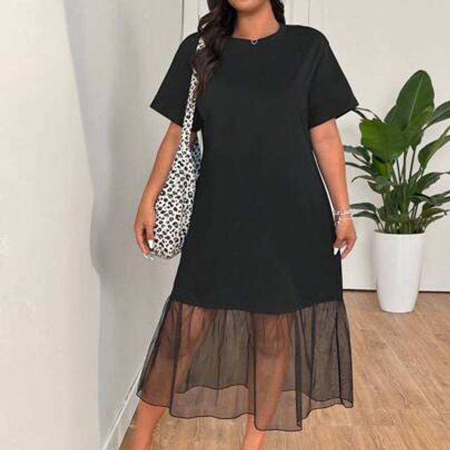 SHEIN Plus Size Women&#39;s Solid Color Round Neck Short Sleeve Spring/Summer Mesh Dress Flowy Dress