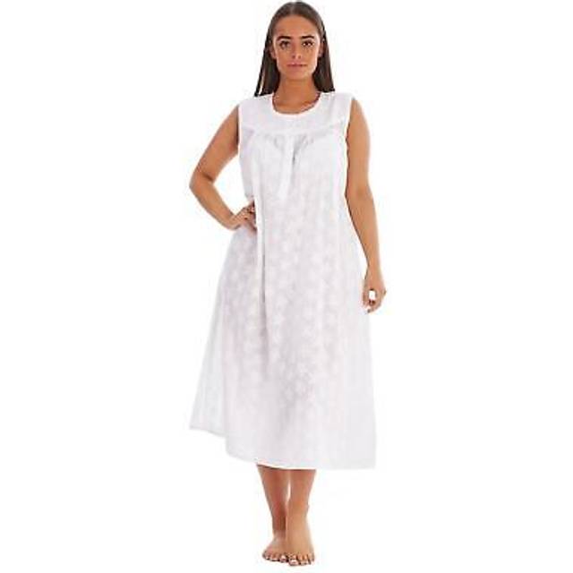 (L) Malay Women Victorian Designer Nightdress White Sleeveless Pure 100%Cotton Embroidered