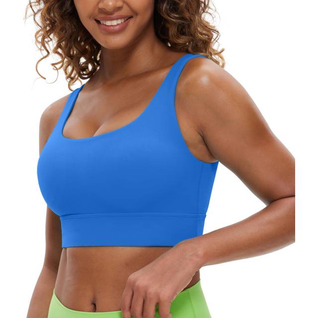 CRZ YOGA Butterluxe Womens U Back Sports Bra - Scoop Neck Padded Low Impact Yoga Bra Workout Crop Top with Built in Bra Sparkle Blue Large