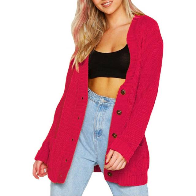 (Red, L) Ladies Womans Buttoned Cardigan with Pockets V-Neck Nicole Lewis Long Sleeves