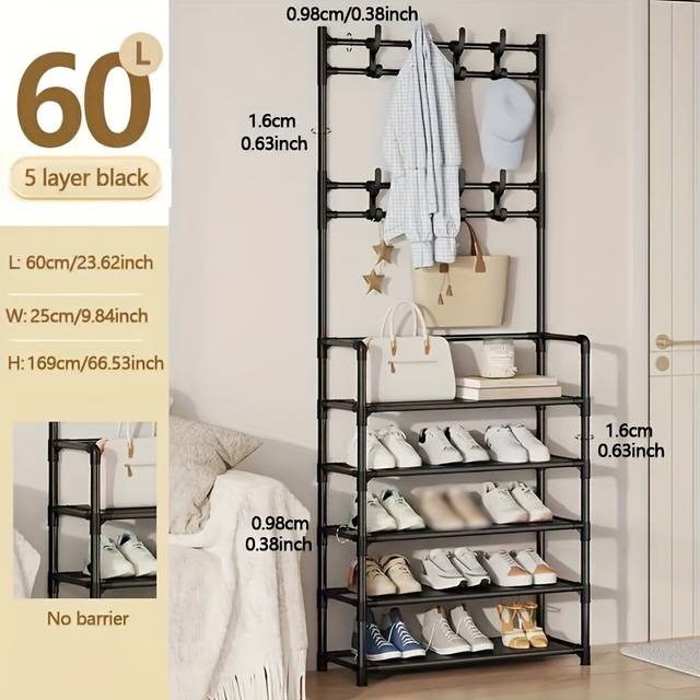 TEMU Metal Coat Rack And Shoe Storage Stool For Entrance, 3-in-1 Design, Hall Tree With 8 Hooks And Shoe Rack, Decorative Furniture With Metal Frame, Easy To Assemble 1pc
