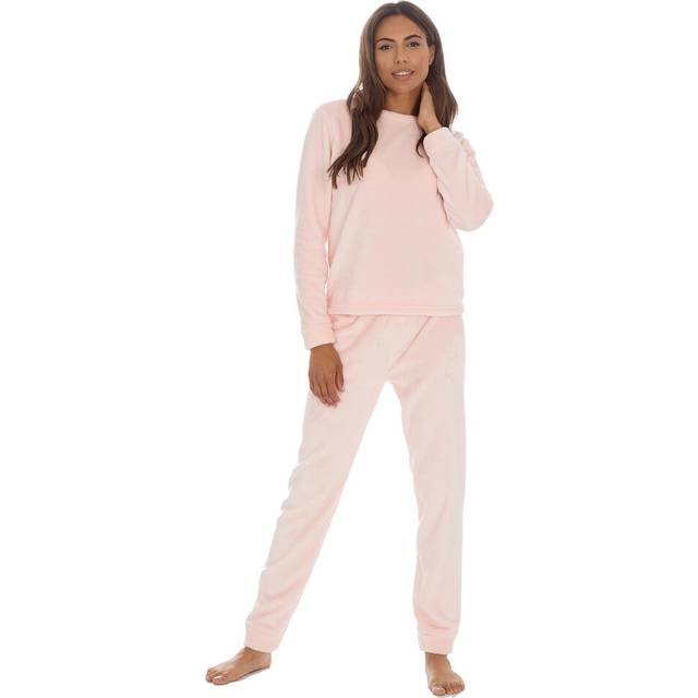 (Pink - Fleece, XL) Metzuyan Ladies Plush Fleece Or Crushed Velvet Two Piece Co-Ord Pyjama Set Size S-Xl