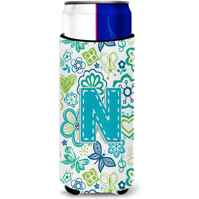 Letter N Flowers and Butterflies Teal Blue Ultra Beverage Insulators for slim cans CJ2006-NMUK
