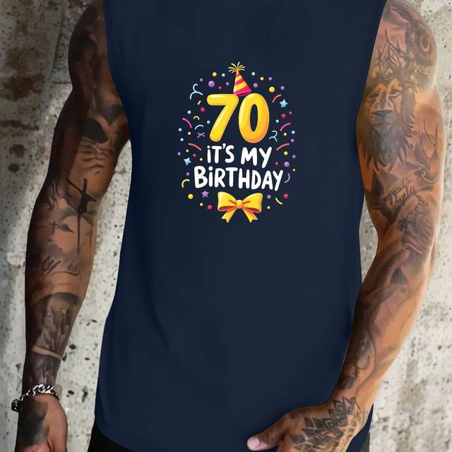 TEMU 70 My Birthday! Men's Quick-dry Breathable Polyester Sleeveless Tank Top With - Summer Sports & Celebrations