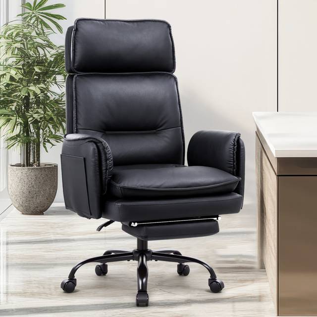 Big Ergonomic Office Chair, Thickened Cushion Wide Seat, 90-135°reclining Pu Leather Computer Chair With Footrest - Black (130cm H X 77cm W X 56cm D)