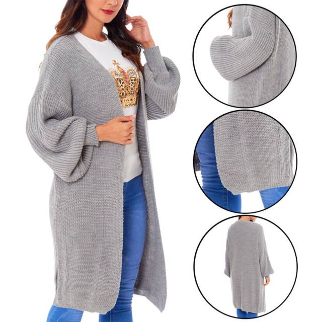 (Silver Grey, One Size Fits (8-16)) Ladies Oversized Long Cardigan Balloon Sleeve Chunky Ribbed KnittedÂMaxiÂJumper