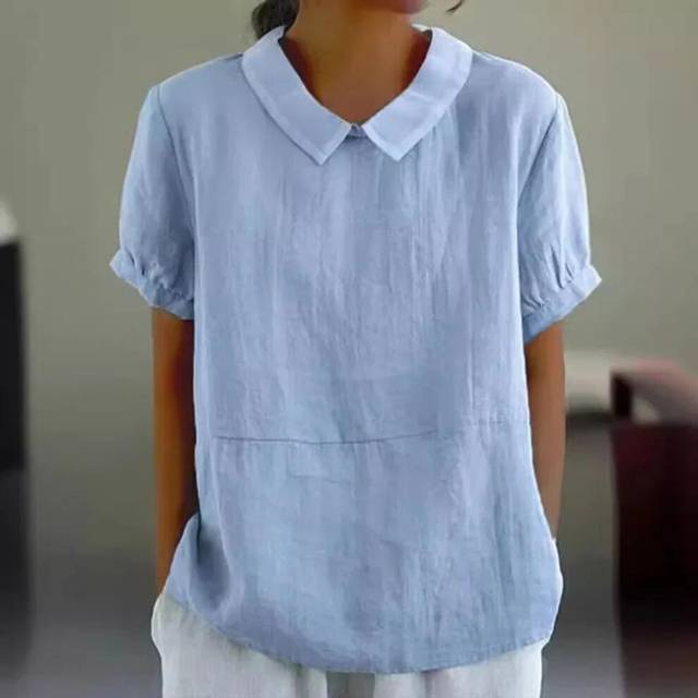 (XXL, baby blue) 2025 Autumn Cotton Top Women Blouse White Solid Short Sleeve Peter Pan Collar Loose Elegant Blouse Female Fashion Casual Top