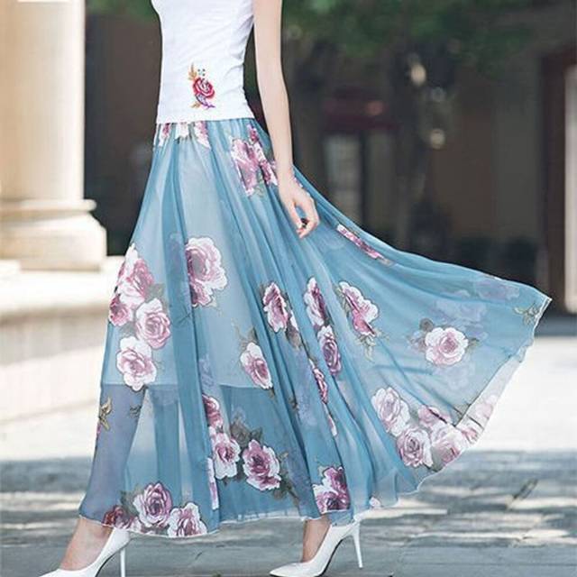 (Blue Rose, 2XL) Chiffon Skirt Mid-length High-waisted Slim Long Skirt Retro Big Hem Skirt A-line Dancing Long Skirt Temperament Beach Skirt