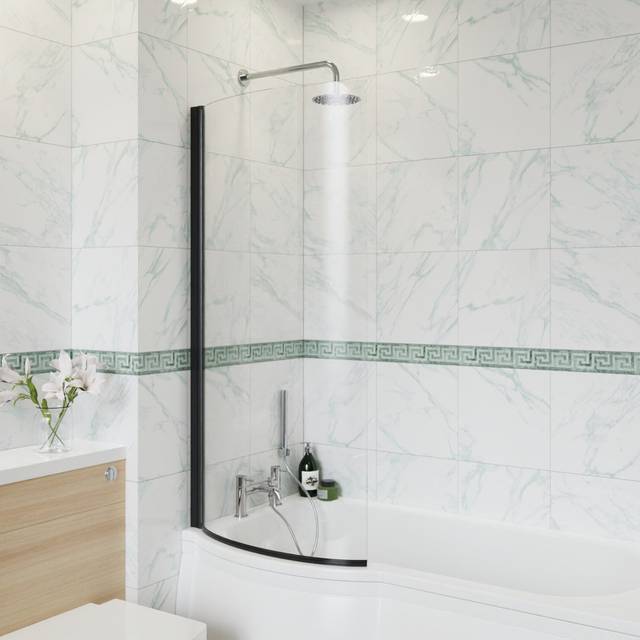 Bruyere 1400mm H P Shape Bath Screen with Clear Glass - Black (1,400mm H)