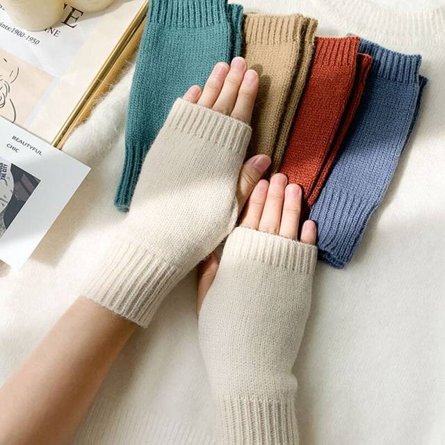 (One Size, white 2) Korean New Half-finger Gloves Female Autumn and Winter Wool Warmth Fingerless