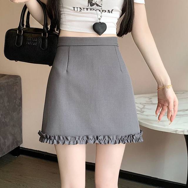 (Grey, L) Short Skirt Suit Skirt Women's Summer Fashion Outfit High Waist A-line Small Person With Hips