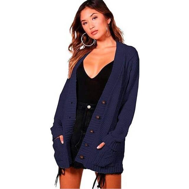 (Navy, One Size) Women Ladies Cable Chunky Knit Cardigan Button Long Sleeves Grandad Cardigan