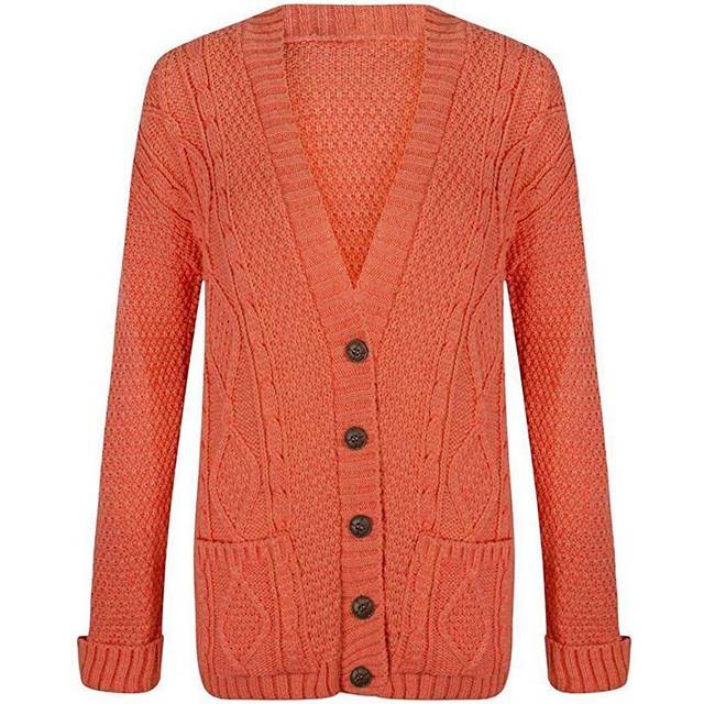 (Coral, 20-22) Womens Ladies Chunky Cable Knit Cardigan Button Long Sleeves Grandad Cardigans