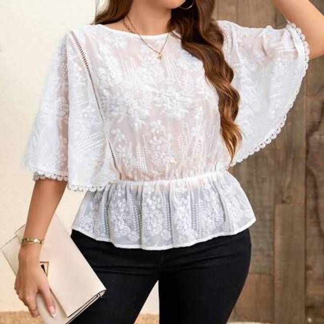 SHEIN Plus Size Summer Elegant Embroidery Chiffon Ruffle Hem Blouse,Summer Outfits For Women,Summer Tops,Vcay,Boho,Summer Shirts,Vacation Outfits Women,Moth