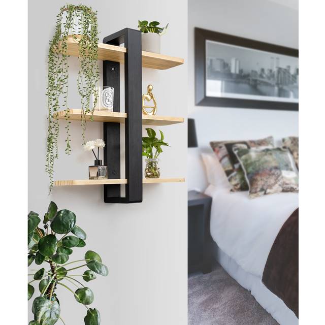 White & Wood Adjustable Pine Floating Shelves Set of 3 50cm Solid Wood Wall Storage Unit for Bedroom, Living Room & Bathroom Multi Functional Shelving - Natural Wood