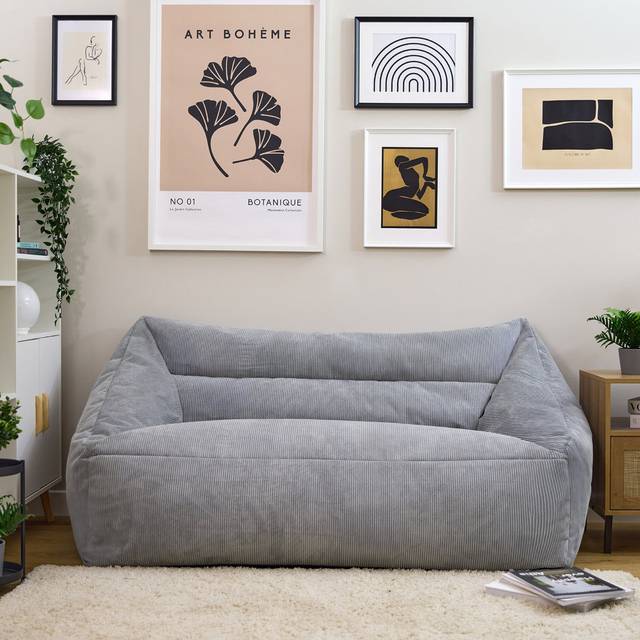 Cord Adults Bean Bag Sofa, Ready Filled Large Beanbag Grey - One Size