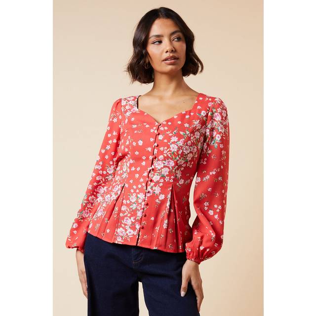 Womens Red Ditsy Floral Button Front Pleated Peplum Long Sleeve Blouse - 14