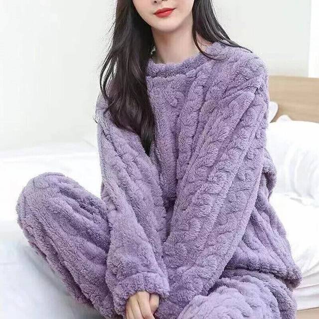 (Purple, S) Womens Pyjamas Sets Warm Fleece Loungewear Pjs Winter Fluffy Soft Nightwear UK