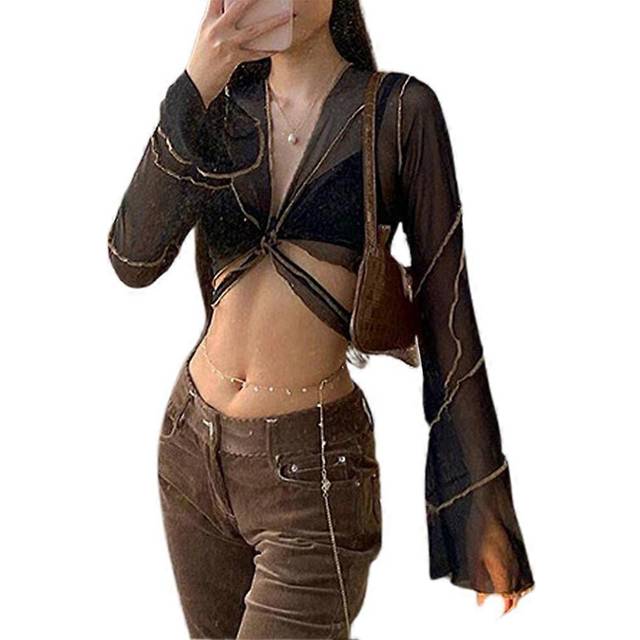 (M, One size) 223 New Women Long Sleeves Mesh See Through Sheer Open Front Tie Up Blouse Crop Top 40% off