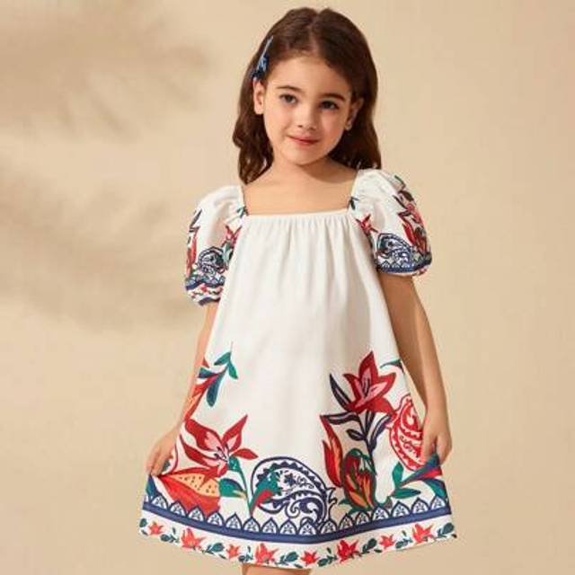 SHEIN Young Girl Cute White Floral Print Short Sleeve Summer Holiday Dress