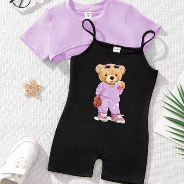 SHEIN 2pcs Young Girl Casual Simple Short T-Shirt And Suspender Pants Set, Summer