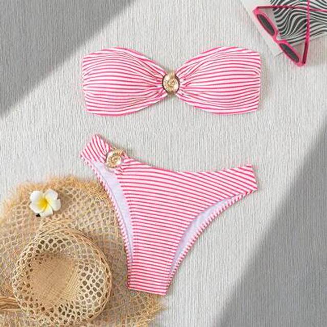 SHEIN Bikini Fashion Sexy Slim Fit Two Pieces Set With Personalized Stripes, Beautiful Split Swimwear For Women, Bikini Strapless Swimwear, European & Ameri