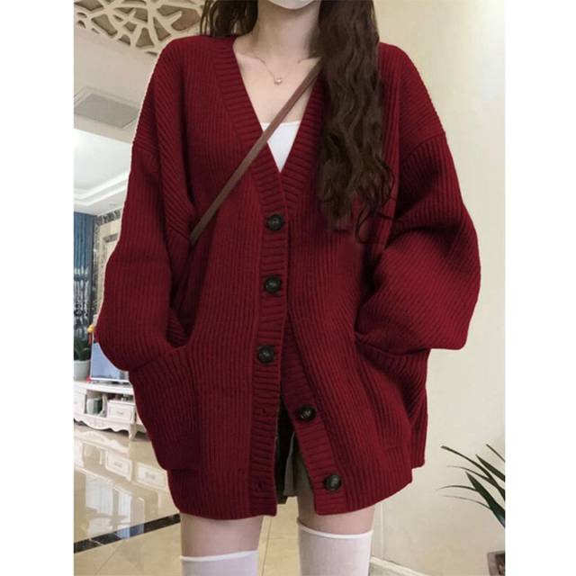 (Red cardigan, XL) New Maillard wear retro green knitted sweater cardigan