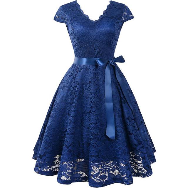 (XL, Navy) Best Seller-womens Vintage Off Shoulder Lace Dress Floral Full Lace High And Low Long Sleeve Party Cocktail A-line Swing Dresses