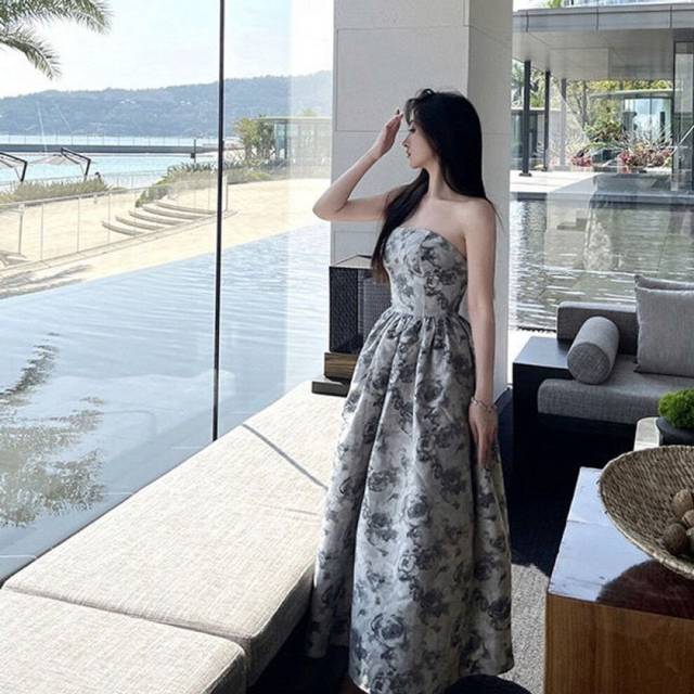 (Grey, 3XL) Large Size Fat Mm Spring And Summer Cold Temperament Rose Printed Strapless Dress Female Princess Puffy Long Skirt