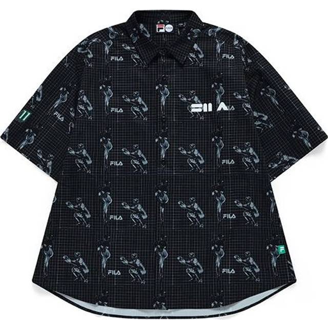 Men's FILA FUSION Pattern Full Print Loose Sports Short Sleeve Vitality Sports Black Shirt T11M132401A-BK - TAN