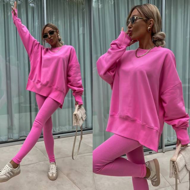 (pink, XL) Spring summer 2024 new Shirt  casual loose-fitting sweater tight pants 2 piece suit sets for women 2 pieces trousers sets