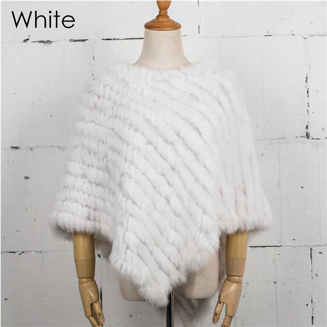 (White, One Size) Women Knit Rabbit Fur Shawl Poncho Cape Robe Tippet Wrap Female Girl Warm Coat Jakcet CK701