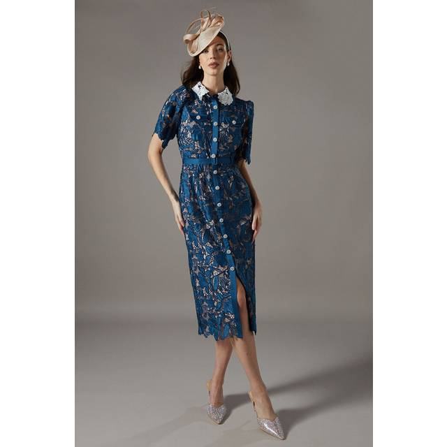 Lace Shirt Dress Contrast Colour - Slate Blue - 12