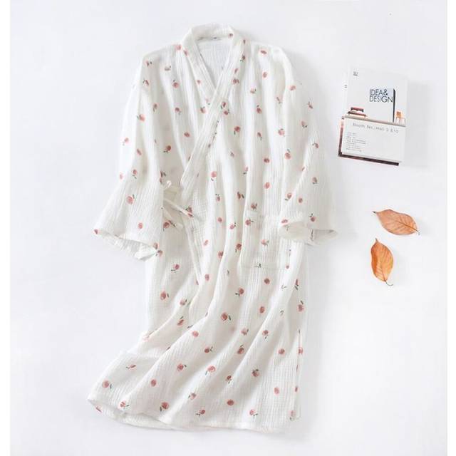 (M, white) Japanese Kimono Spring And Autumn Ladies Cotton Crepe Cloth Nightgown Pajamas Bathrobe Household Clothes Spring And Summer Robe