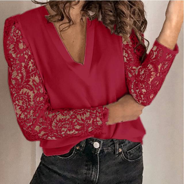 (Wine red changxiu, XXL) Women Lace Patchwork Blouse Spring Autumn V Neck Short&Long Sleeve Slim Blouse Shirts FYY-5090
