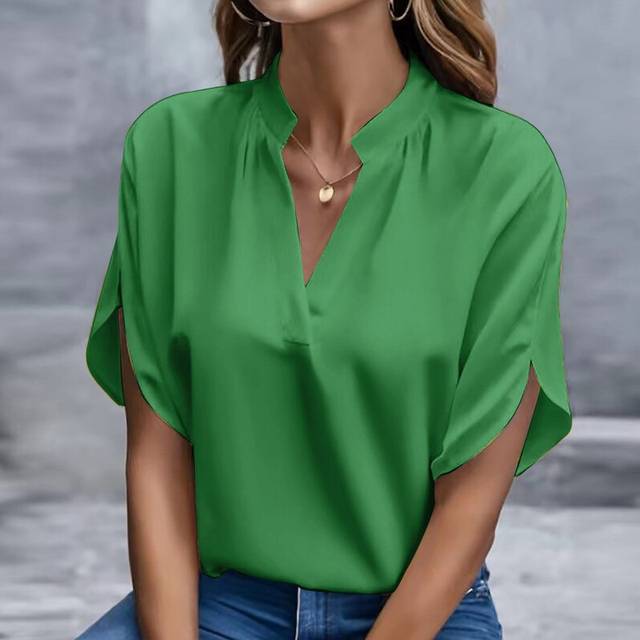 (Green, S) Women Elegant Solid Chiffon Blouse Spring Summer Casual Long Sleeve V Neck Yellow Office Lady White Shirt Tunics Basic Tops New