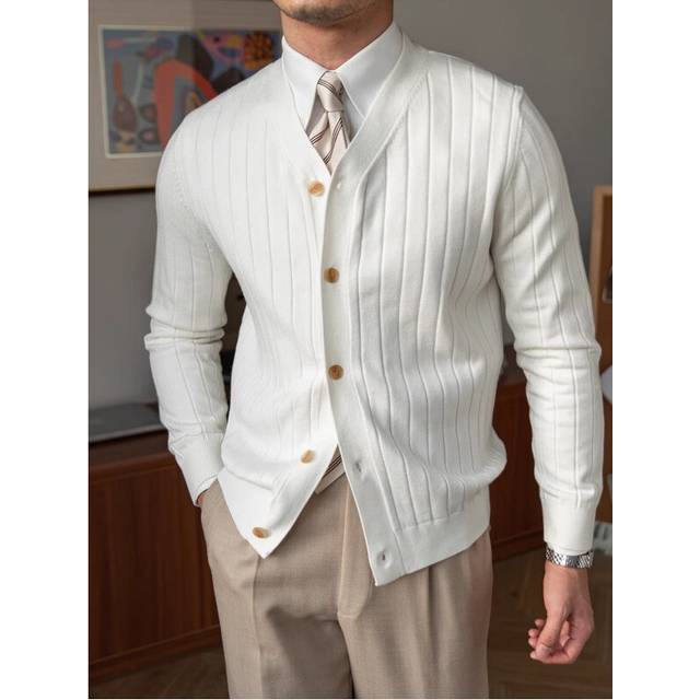(white, XL) Spring and Autumn Men's Knitted V-neck Cardigan Japanese Retro Slim Striped Long-sleeved Sweater Jacket Gentleman's Casual Sweater