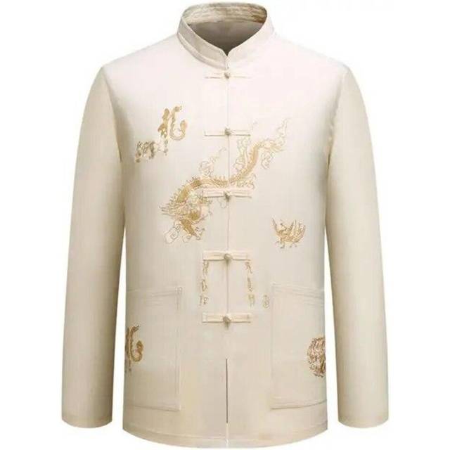 (S, white) Dragon Patterns  Faddish Casual Chinese Style Men Washable Casual Men Shirt Long-sleeve For Walking