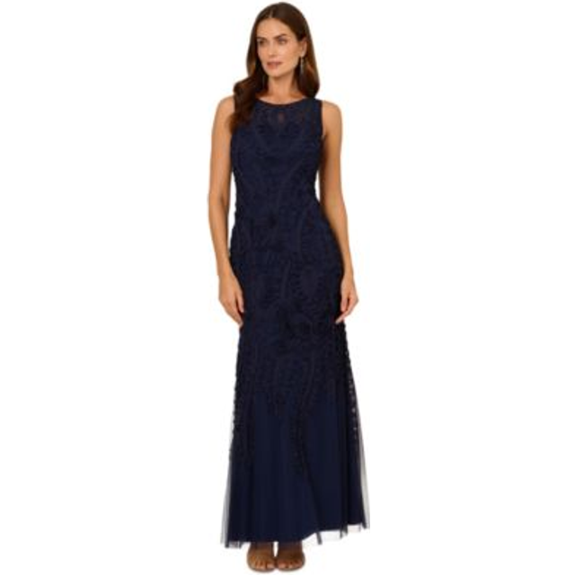 Adrianna Papell Soutache Ribbon Embroidered Dress, Navy Blue