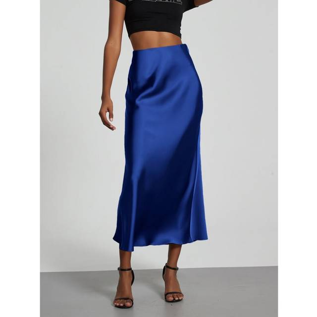 (Royal Blue, XS) Women's Style Elegant Silky Texture Satin Skirt Slim And Drooping Midi Skirt Summer