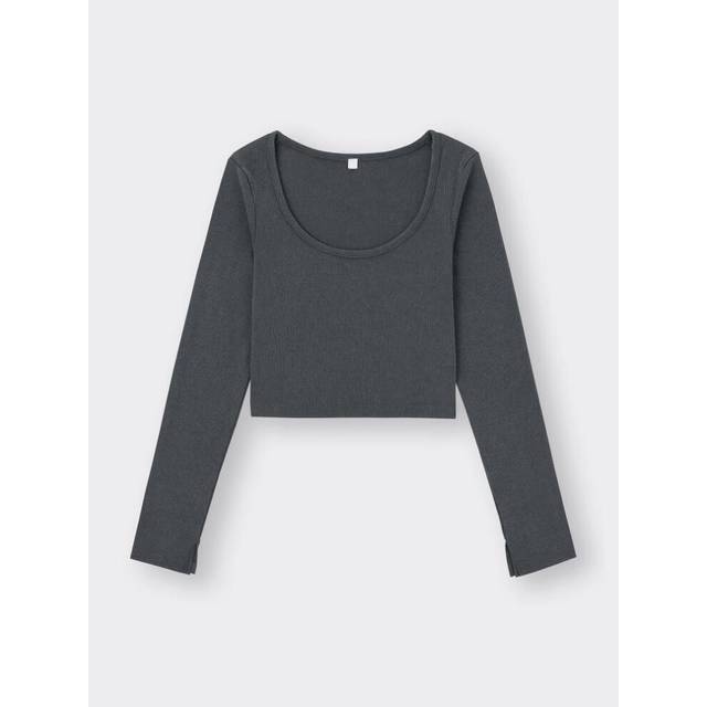 (65 BLUE/XS) Gu By Uniqlo Washed Rib Cropped Tee  Long Sleeve  +os  Us Version