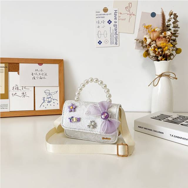 (Cream Bow) Lovely Miniature Crossbody Bag For Children With Fun Bunny Design And Pearl Embellishments