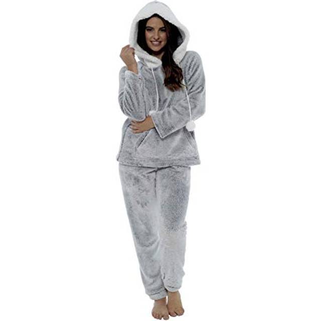 Women's Plush Fleece Hooded Pyjama Set Shimmer Grey Super Soft Fabric Elasticated Waistband Sherpa Edging Cozy Sleepwear Small to X Large by Daisy Dreamer, SMALL | UK 8-10