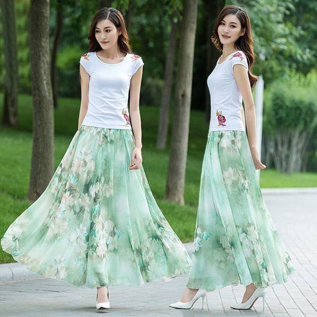 (Green Lily, XL) Chiffon Skirt Mid-length High-waisted Slim Long Skirt Retro Big Hem Skirt A-line Dancing Long Skirt Temperament Beach Skirt