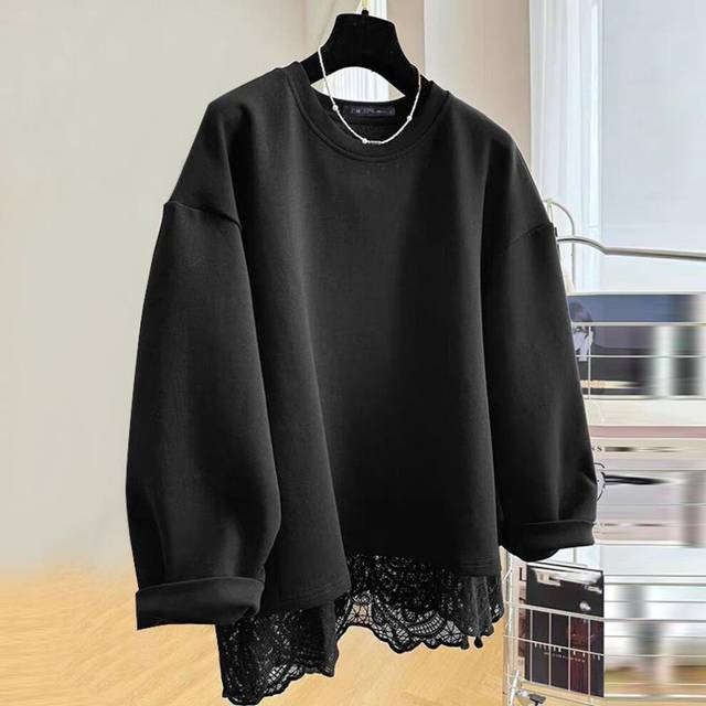 (2XL, black) Zanzea Women Autumn Round Neck Long Sleeve Pullover Lace Hem Sweatshirts