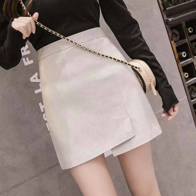 (Milky, 2XL) Spring A-line Skirt Versatile Slim Short Skirt Leather Skirt Spring And Autumn Anti-exposure Skirt Small High-waisted Skirt