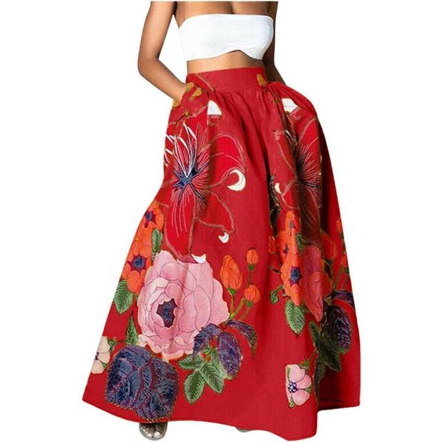 (Red, L) Women's Skirts Bohemian Floral Loose High Waist Holiday Big Sway Pocket Skirt Women