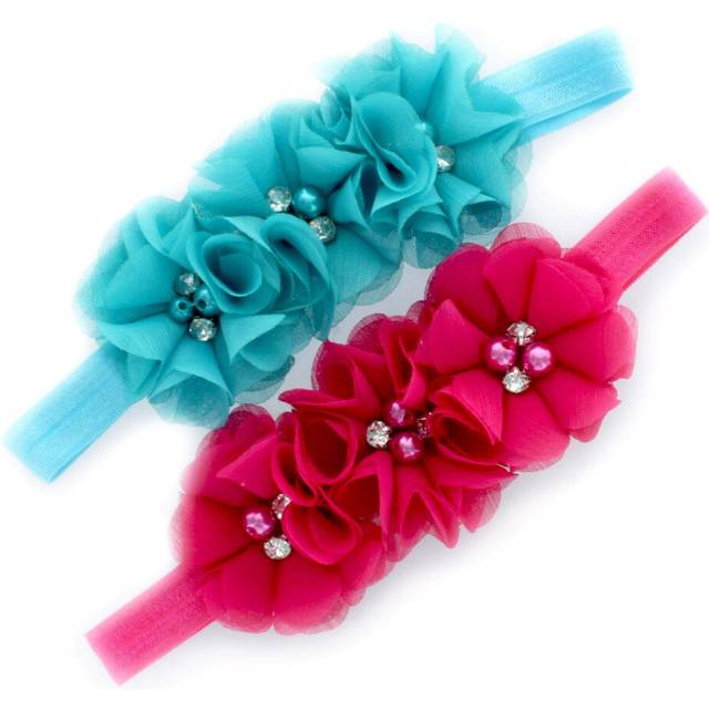 My Lello Girls Flower Headbands Toddler Fabric Beaded Trio Stretchy Elastic Pair (Fuchsia/Turquoise)