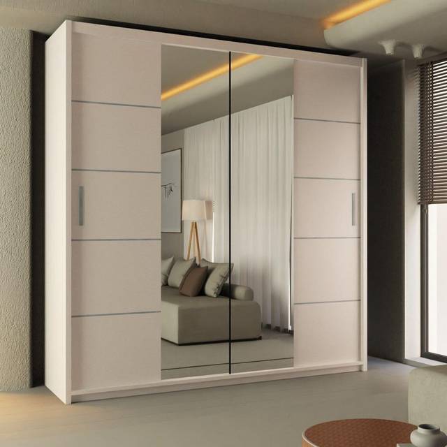 Ribon Sliding Mirror Door Wardrobe 150cm X 217cm - Grey - One Size